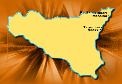 Mappa delle località dell'itinerario turistico archeologico in provincia di Messina, antica Zancle, con viaggi a Taormina, Naxos, Patti e Tindari, isole Eolie.