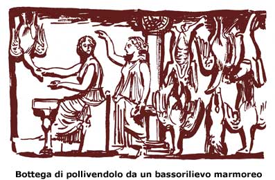 Le ricette e la cucina antica a Roma : riproduzione di una bottega di un pollivendolo (da bassorilievo marmoreo)